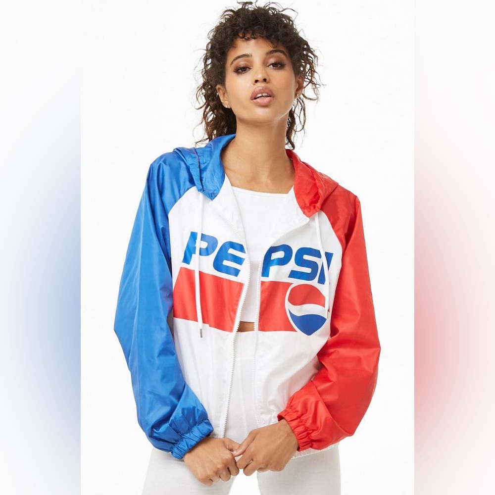 Pepsi Forever 21 Logo Colorblock Red Blue White Windbreaker Jacket Small Vibrant